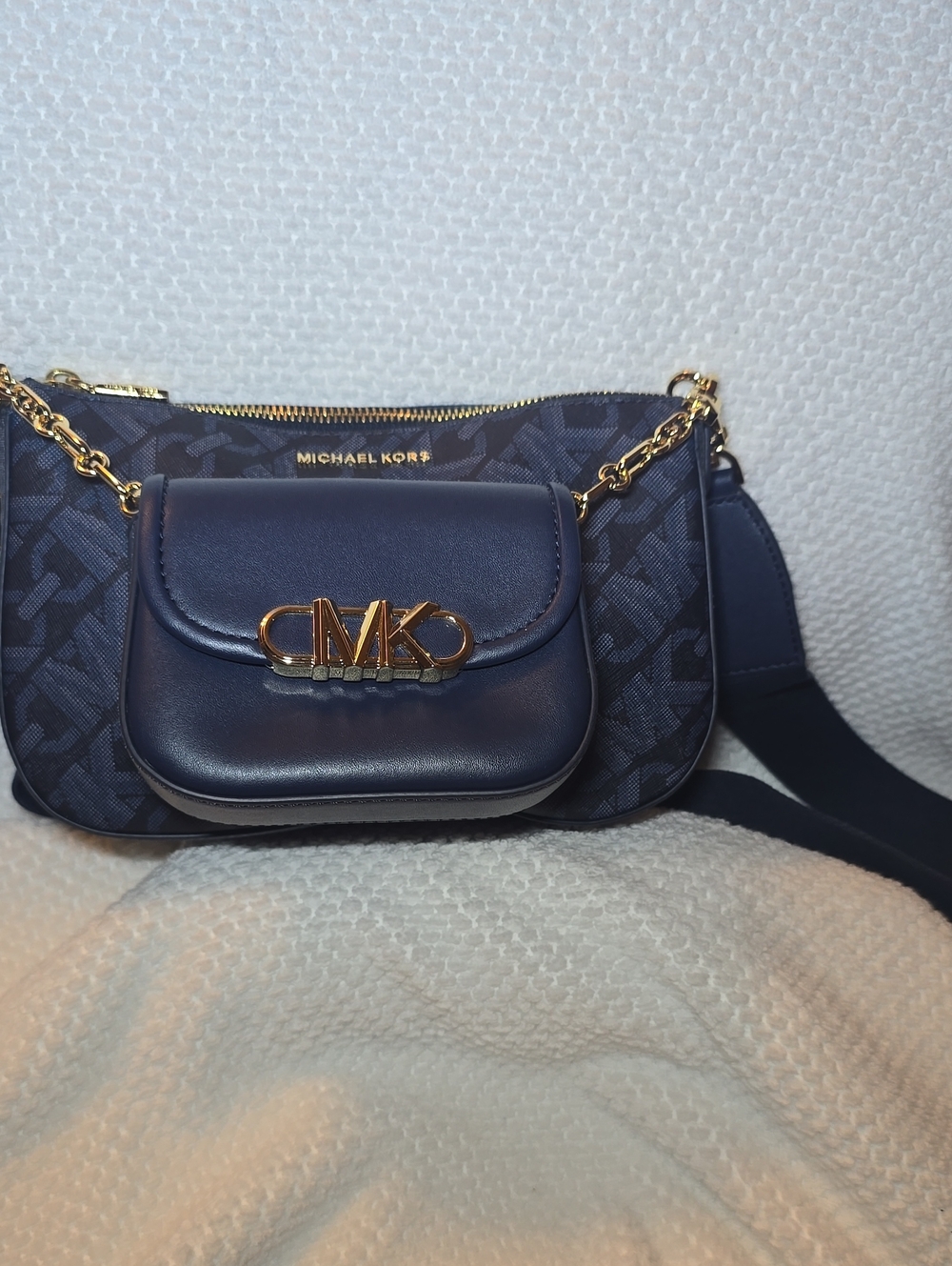 Michael Kors Navy Logo Crossbody with Gold Chain